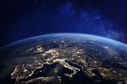 Earth at night showing Europe and Asia